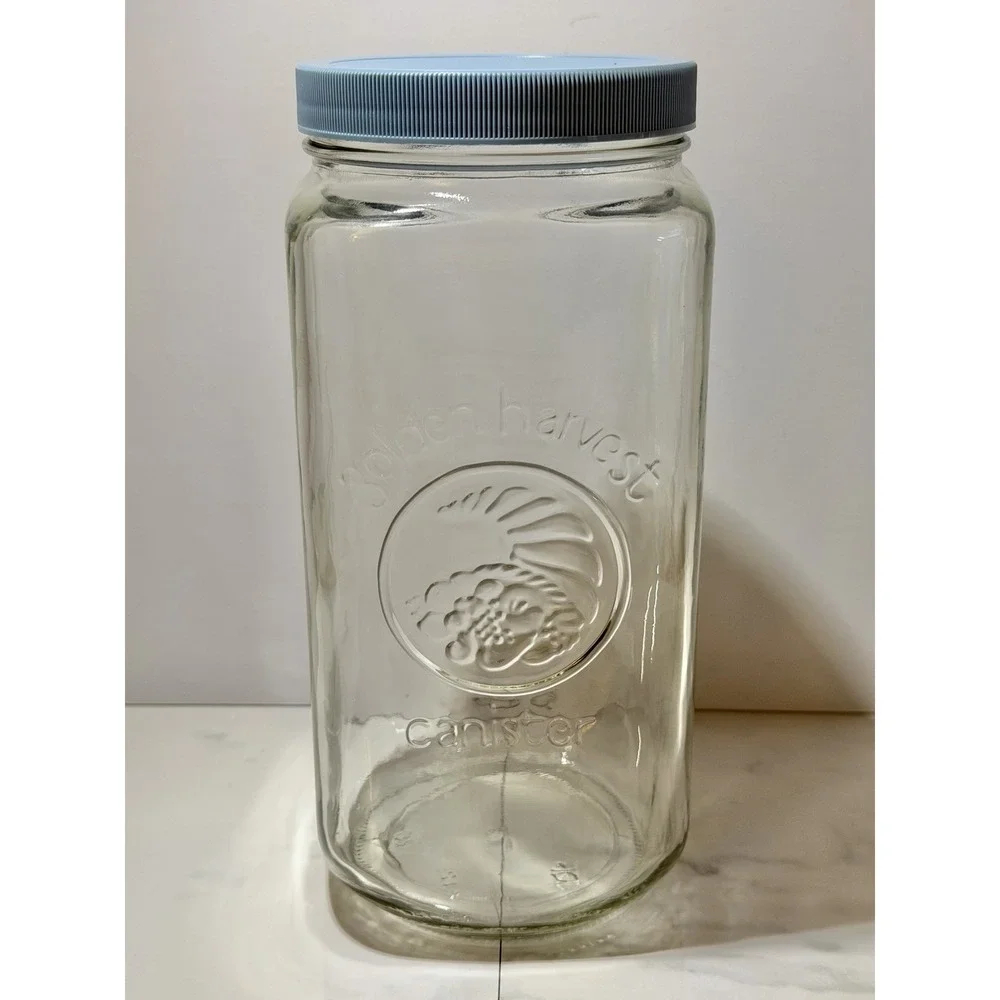 VTG Anchor Hocking Golden Harvest Clear Glass Canister 2 Quarts Blue Screw Lid